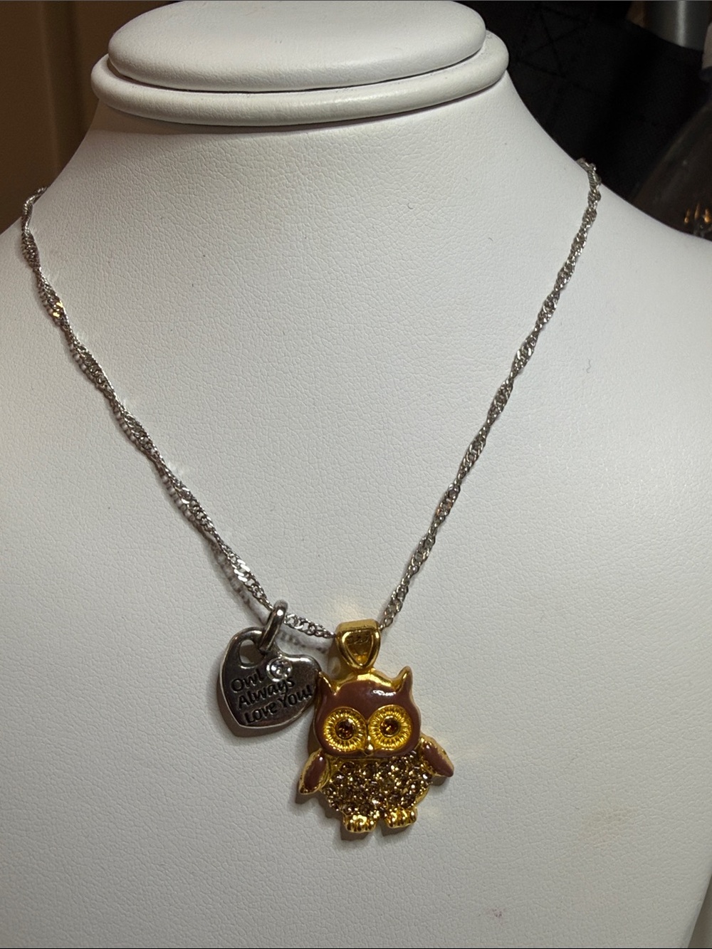 Gold Owl Pendant Necklace with Heart Charm - Women Jewelry